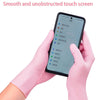 Hands wearing pink nitrile gloves touching a smartphone screen.