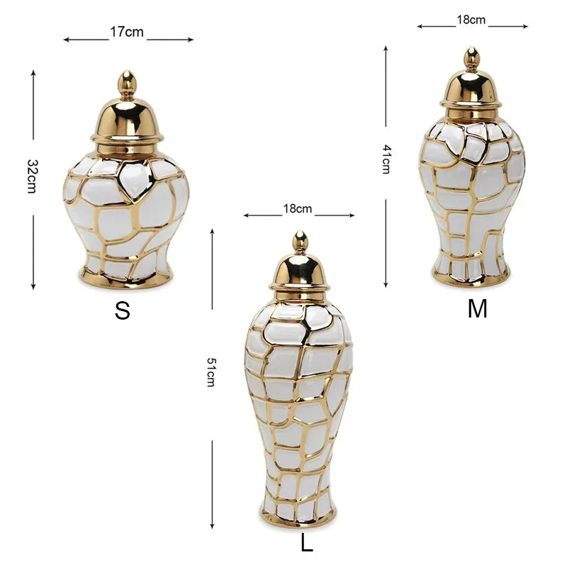 A set of three Nordic ceramic flower vases in gold and white, labeled S, M, and L.