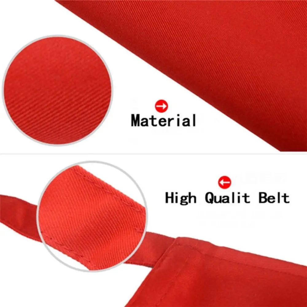 Close-up view of a red oil-proof cooking apron material and high quality belt detail.