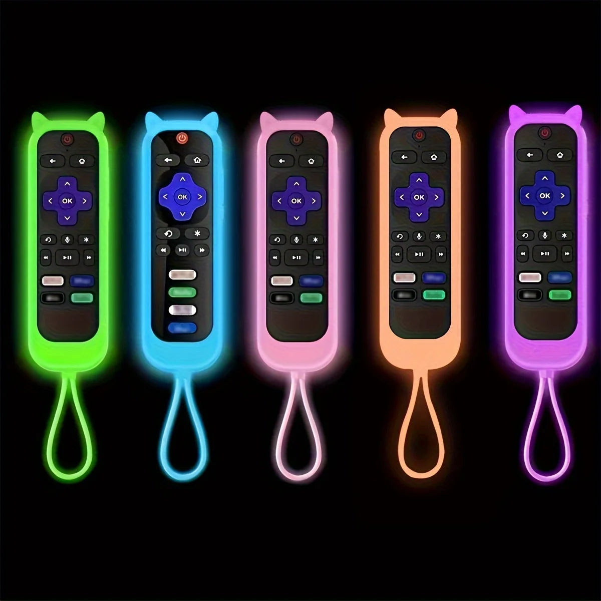 Five glow-in-the-dark remote covers shaped like cat ears in various colors.