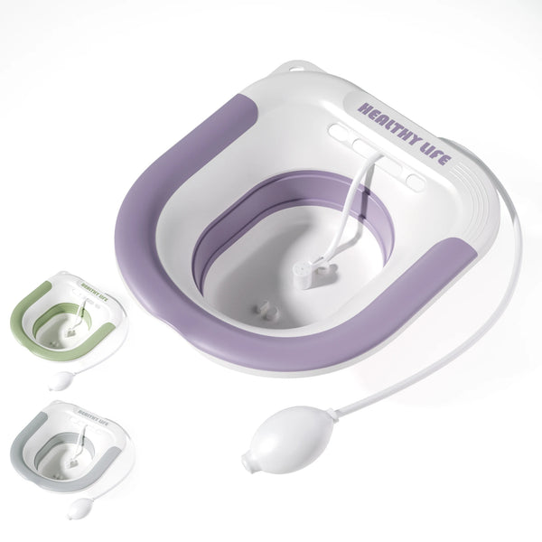 Bañera especial blanca y morada para cuidado de piel sensible con vertedor flexible.