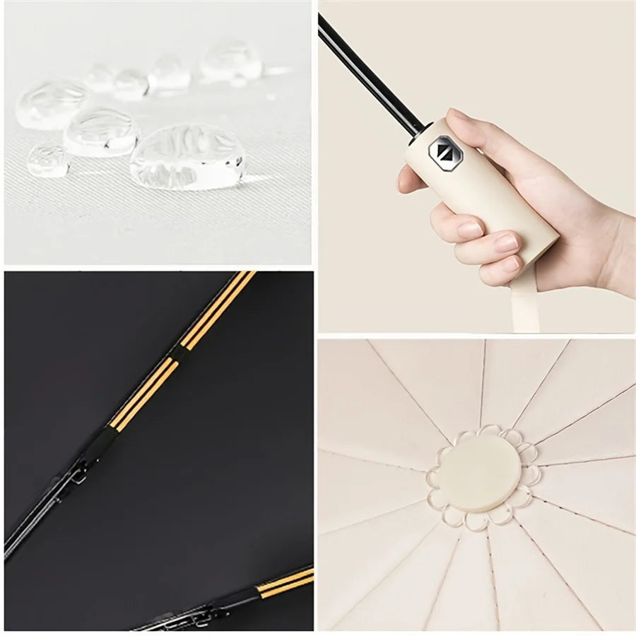 A hand holds a heavy-duty automatic folding umbrella, showing the mechanism and the umbrella opening.