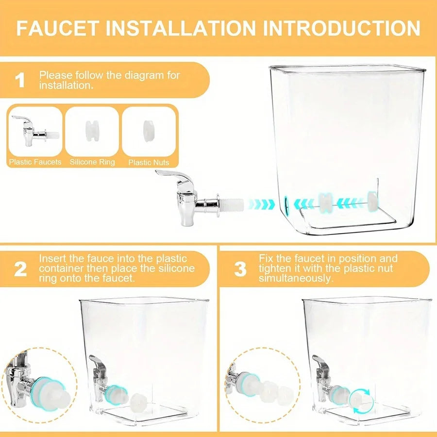 Diagram showing the installation of a faucet into a plastic container using silicone rings and plastic nuts.