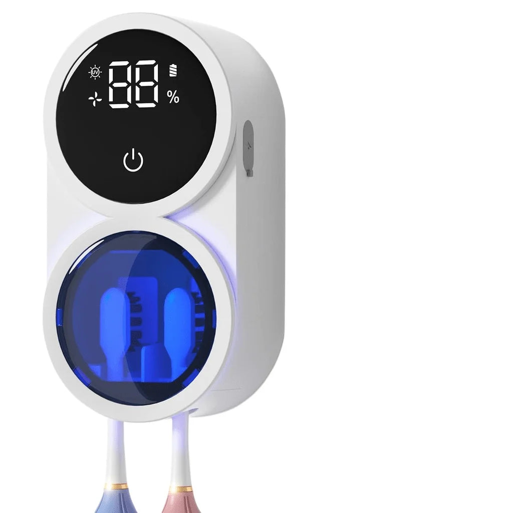 A white automatic rotating toothbrush dryer with a digital display showing 88% battery and a power button.