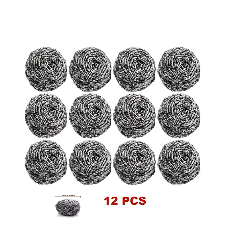 Twelve round stainless steel scrubber pads for heavy-duty cleaning