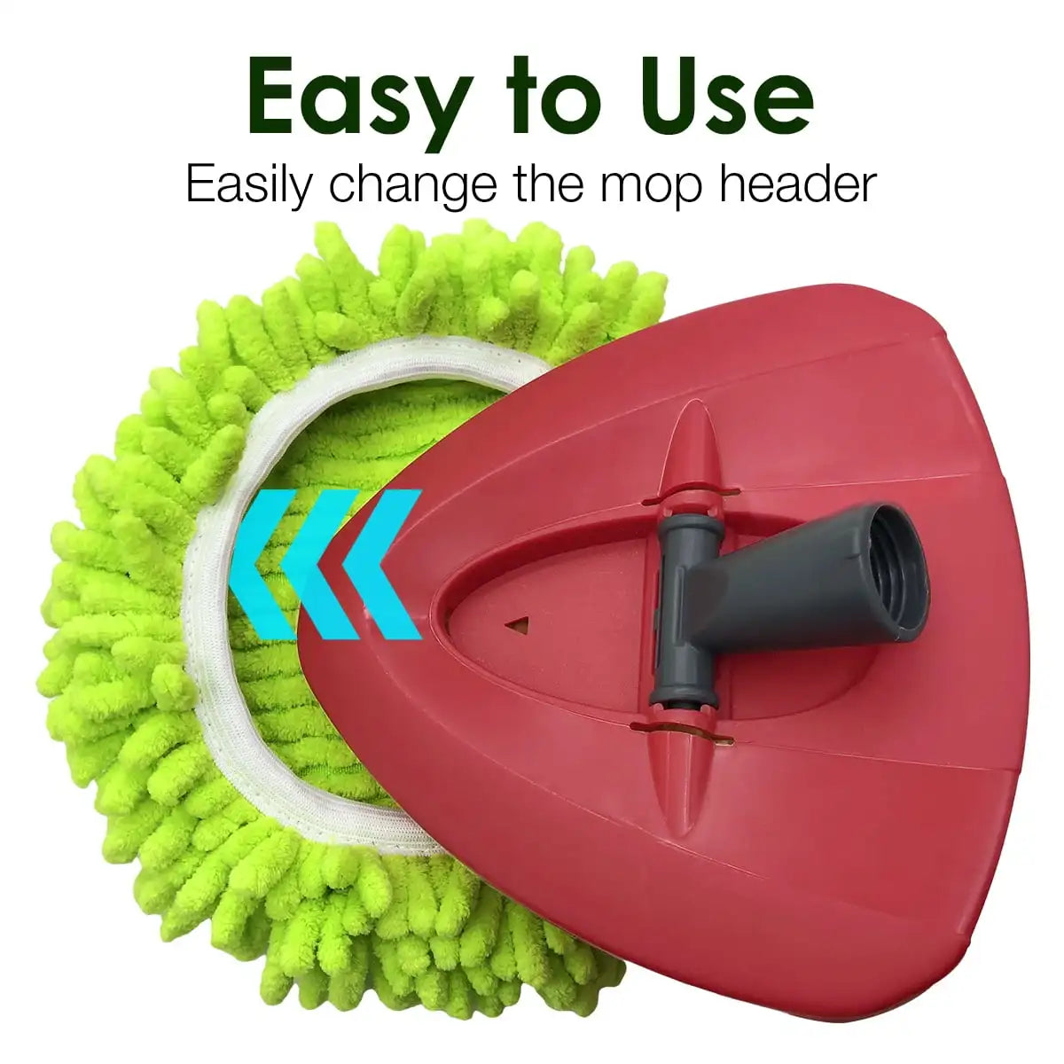 A red replacement spin mop head is shown next to a bright green mop head.