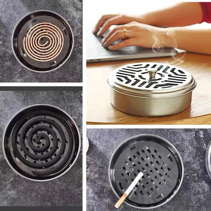 Stainless steel mosquito coil tray holder shown in various views and usage context.
