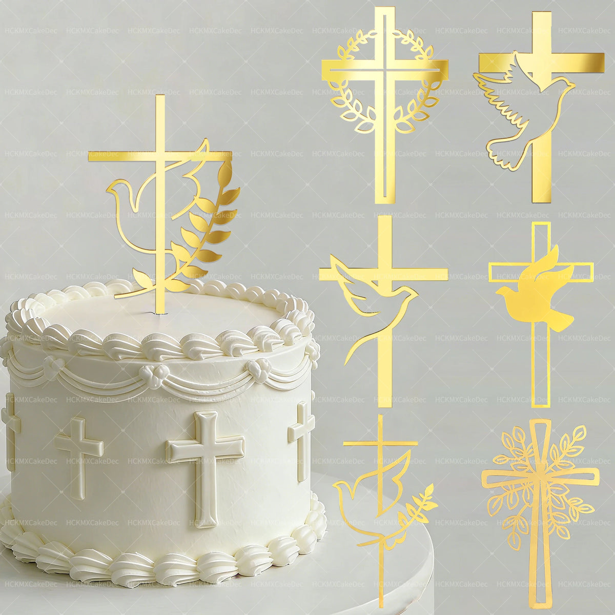 White cake decorated with gold acrylic cross and dove toppers