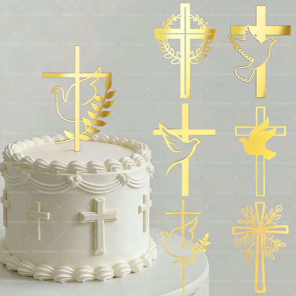 White cake decorated with gold acrylic cross and dove toppers