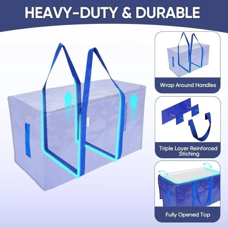 A purple heavy duty moving bag with blue accents showing features like wrap around handles, triple layer stitching, and a ful