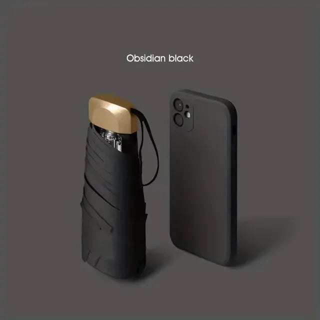 A black compact folding UV protection umbrella is shown against a gray background.
