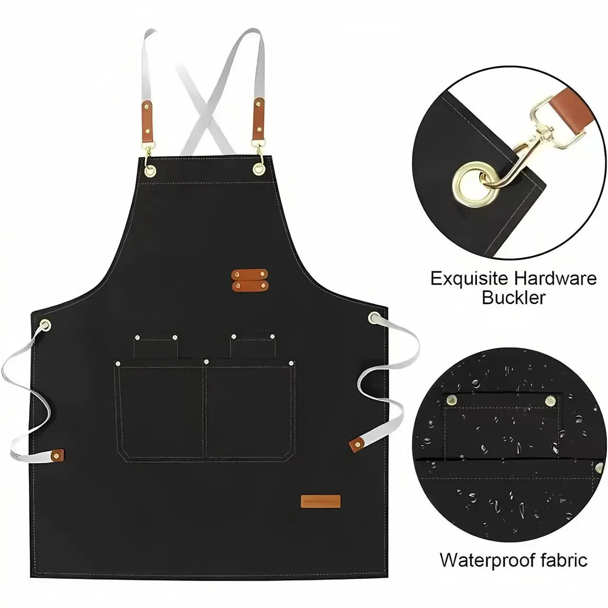 Black adjustable hairdressing apron with leather hardware and waterproof fabric