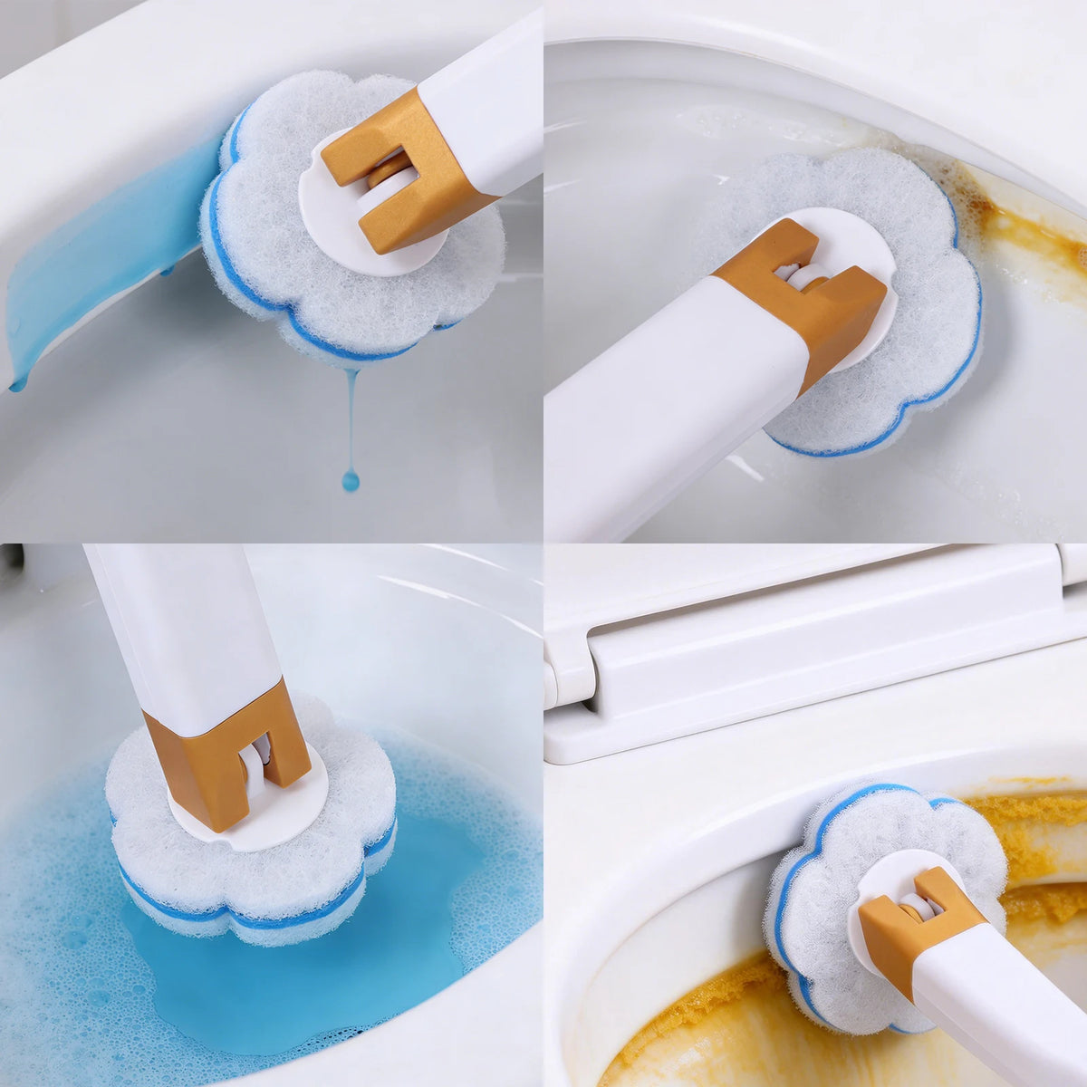 A disposable toilet brush cleaning kit with a white handle and gold accents is shown cleaning inside a toilet bowl.