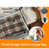 A vacuum storage bag is shown next to clothing, demonstrating its space-saving ability.