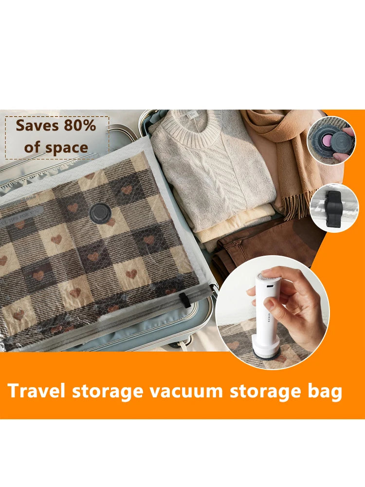 A vacuum storage bag is shown next to clothing, demonstrating its space-saving ability.