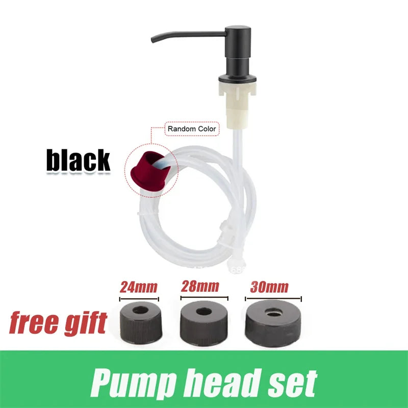 Black pump head set for a liquid soap dispenser with various sizes