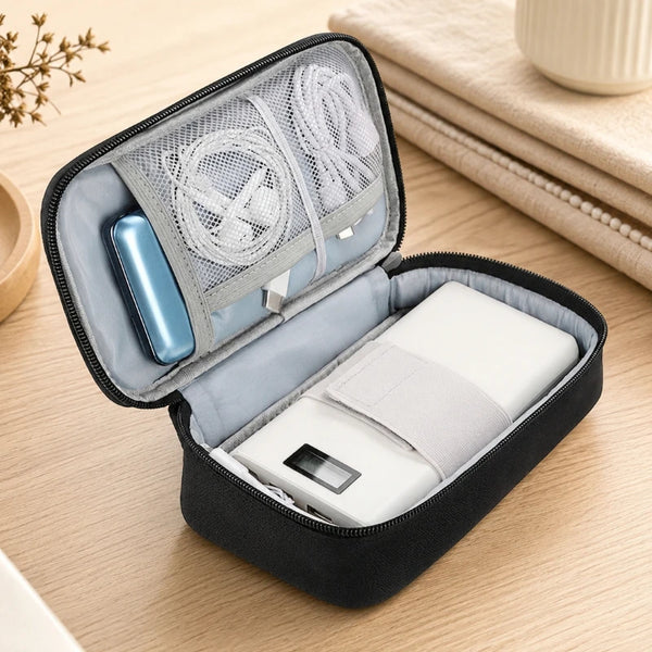 A black organizer bag is open, showing a silver electronic device and a mesh storage area for wires.