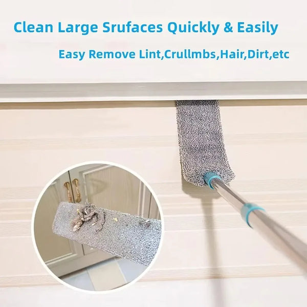 A gray extendable gap dust cleaner tool is shown cleaning a surface.