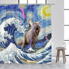 Cortina de ducha temática de dinosaurio gato surfista con un bastón rosa brillante en una ola azul.