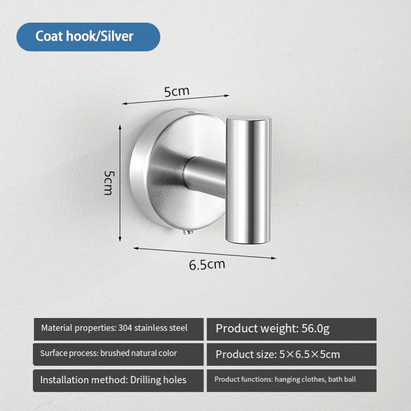 A silver coat hook made of stainless steel with a 5cm length and 6.5cm diameter, designed for hanging clothes.