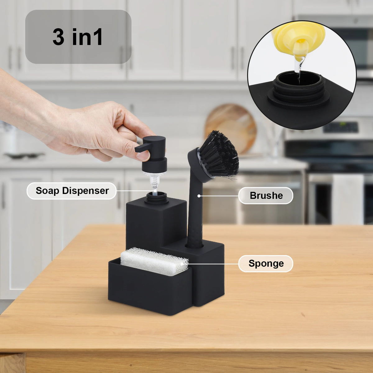 A black 3-in-1 kitchen dispenser holds a soap dispenser, brush, and sponge on a wooden surface.