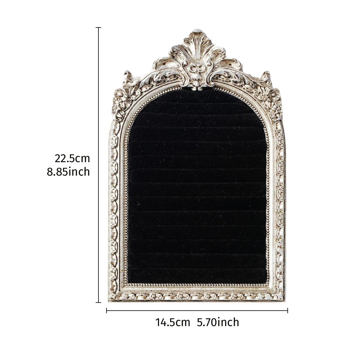 Support de bijoux rectangulaire noir avec cadre argenté orné et dessus décoratif.