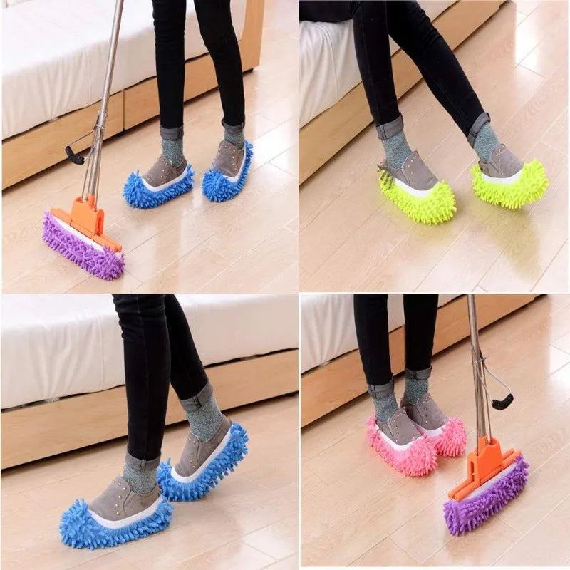 A person is using dust-absorbing slippers with purple and orange bristles to clean a wooden floor.