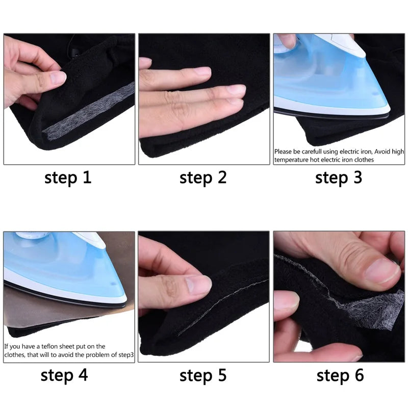 Seis pasos para usar cinta de dobladillo de fusión de tela resistente para coser en ropa negra.