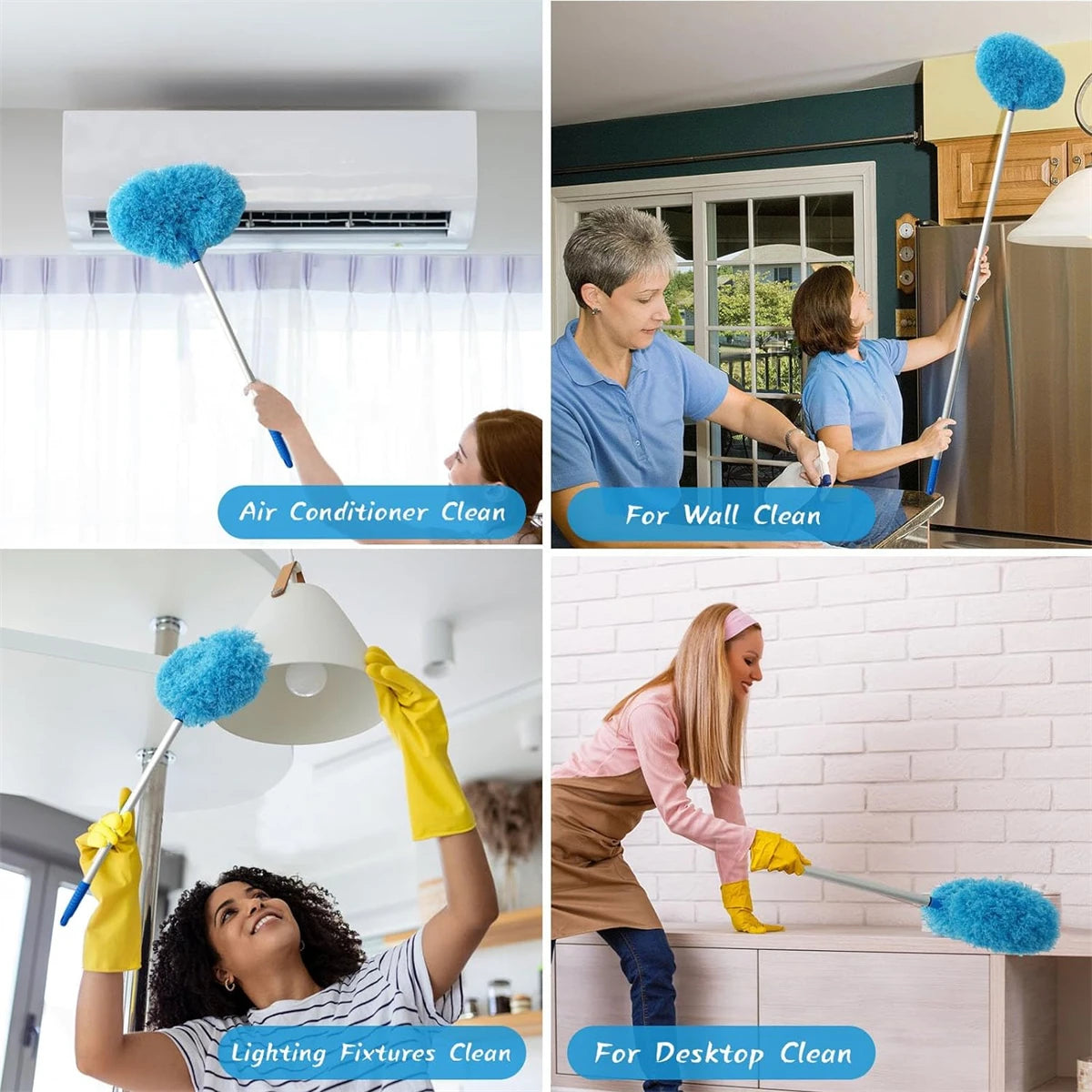 A set of extendable tools for cleaning various surfaces including air conditioners, walls, and lighting fixtures.