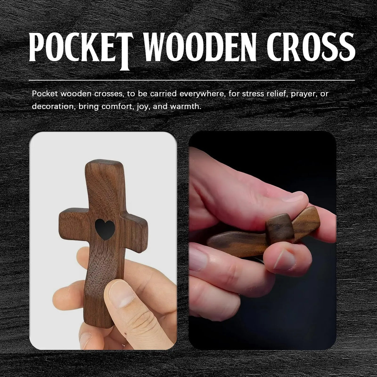 Una mano sostiene una pequeña cruz de madera usada como artículo de bolsillo para oración o decoración.