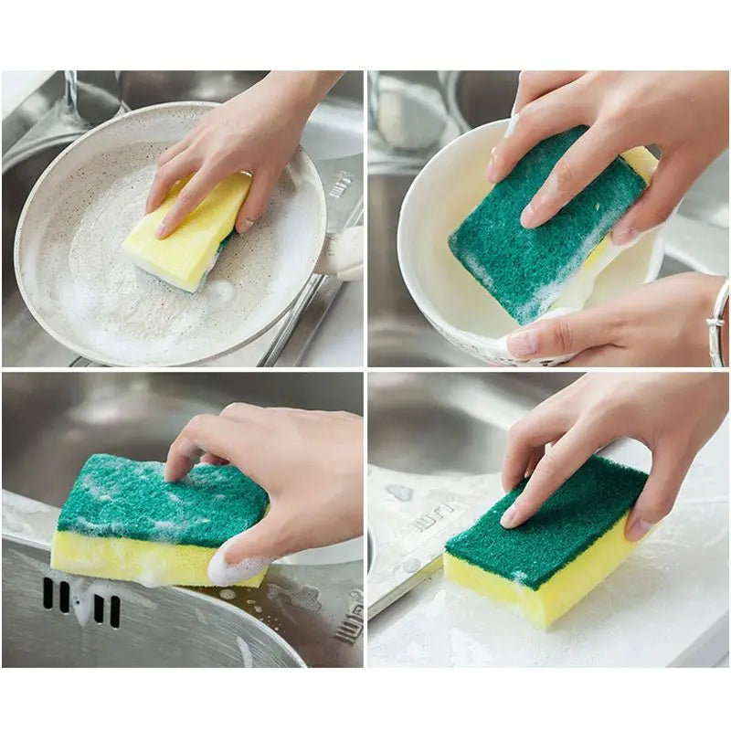 Hands demonstrate using double-sided green and yellow scouring sponges for kitchen cleaning.