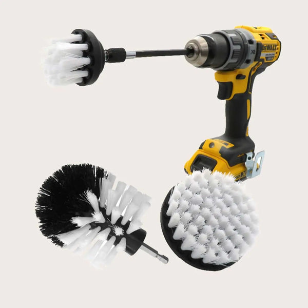 A yellow and black electric scrubbing brush set with a rotating brush head and a circular brush head.
