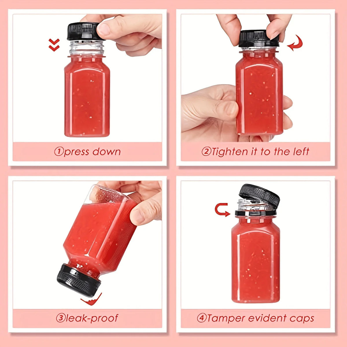 Instructions showing how to use and seal a leak-proof clear juice bottle set.