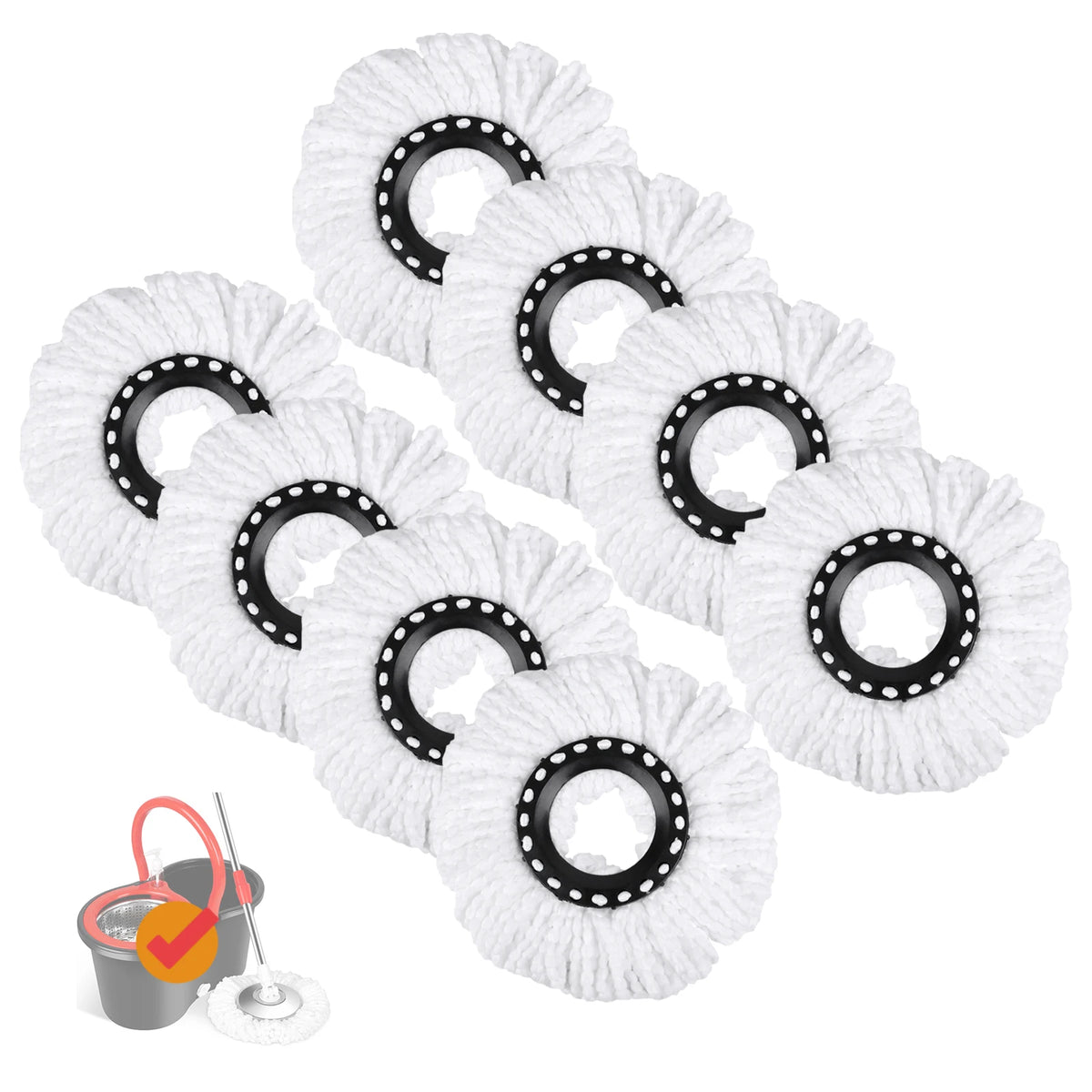 A collection of white microfiber spin mop heads with black rings and bristles.