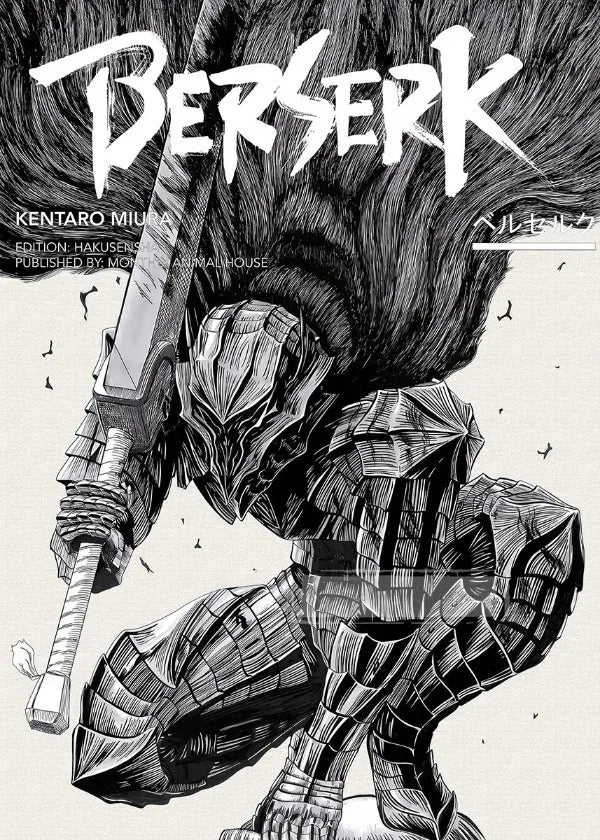 A black and white illustration of a fierce character with long hair wielding a sword, featuring the title Berserk.