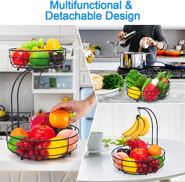 A multi-functional and detachable metal fruit basket organizer holding various colorful fruits on a kitchen counter.