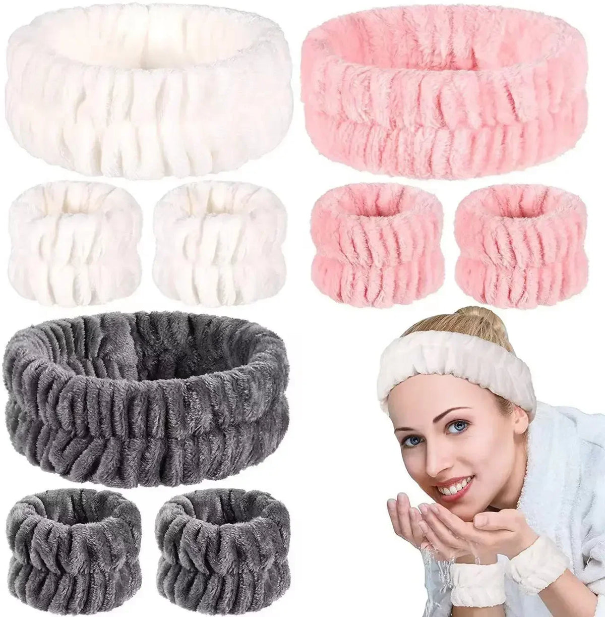 A set of white and pink microfiber wrist sweatbands for face washing and skincare, shown next to a woman.