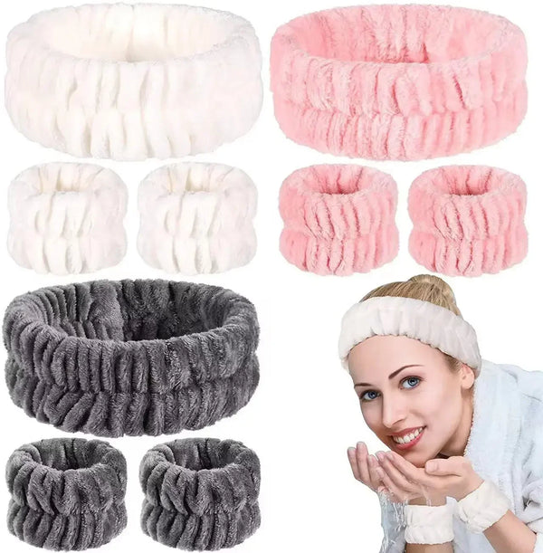 A set of white and pink microfiber wrist sweatbands for face washing and skincare, shown next to a woman.