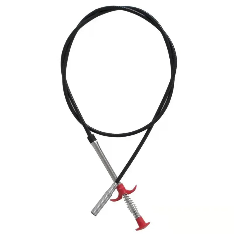 A black heavy duty sink and drain unclogging tool with a threaded end.
