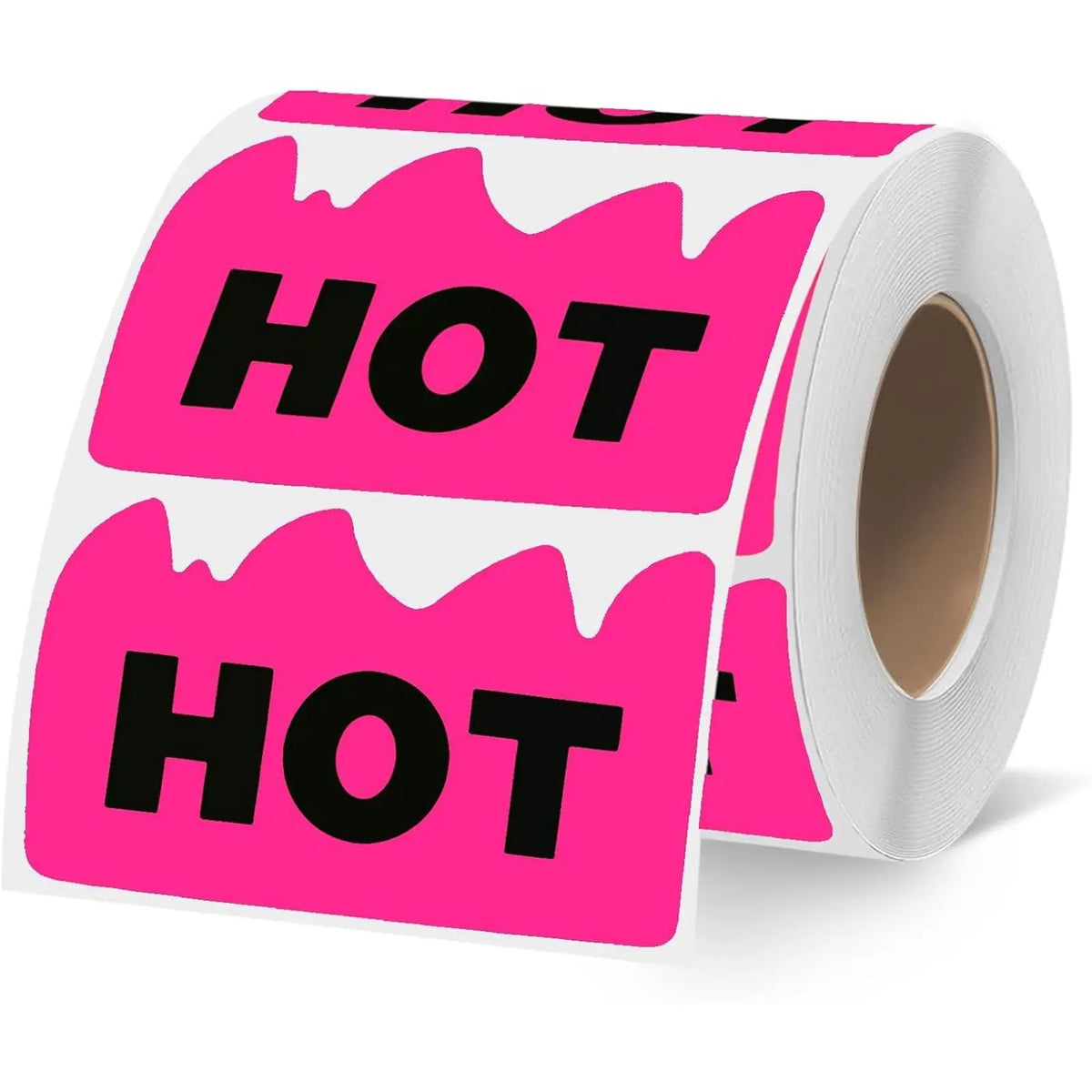 Roll of irregular shaped fluorescent pink stickers with the text HOT printed on them