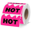 Roll of irregular shaped fluorescent pink stickers with the text HOT printed on them