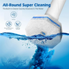 A white scouring pad is shown submerged in blue water, with foam and bubbles forming below.