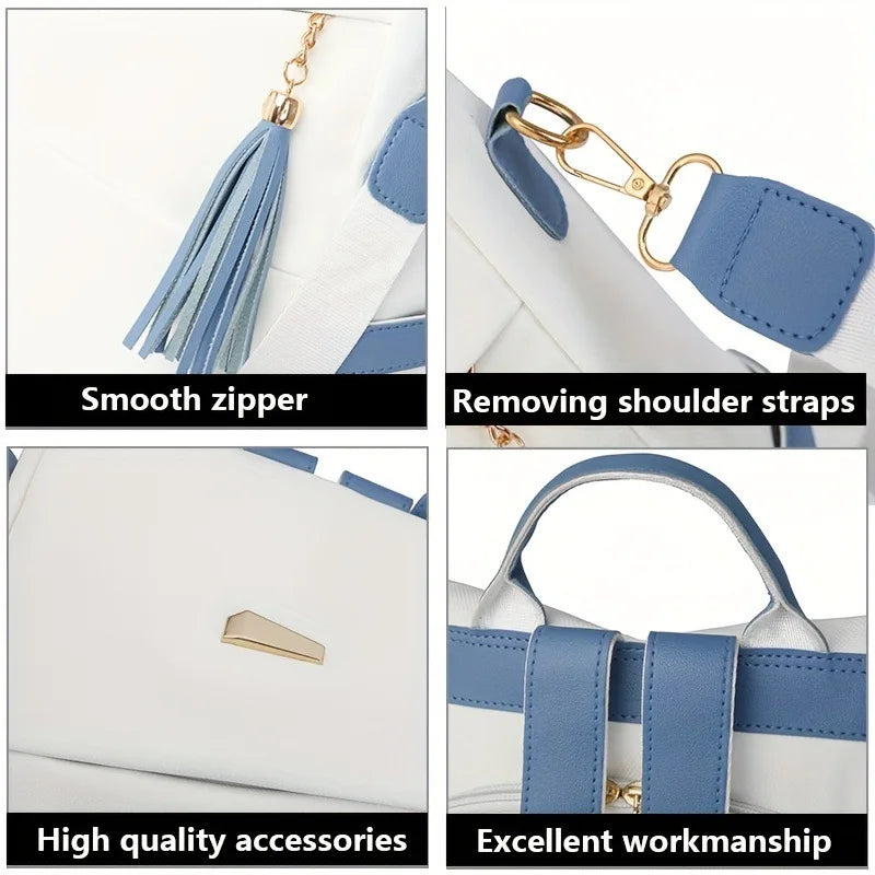 Close-up shots showing features of a women's anti-theft PU leather travel backpack including a smooth zipper, removable shoul