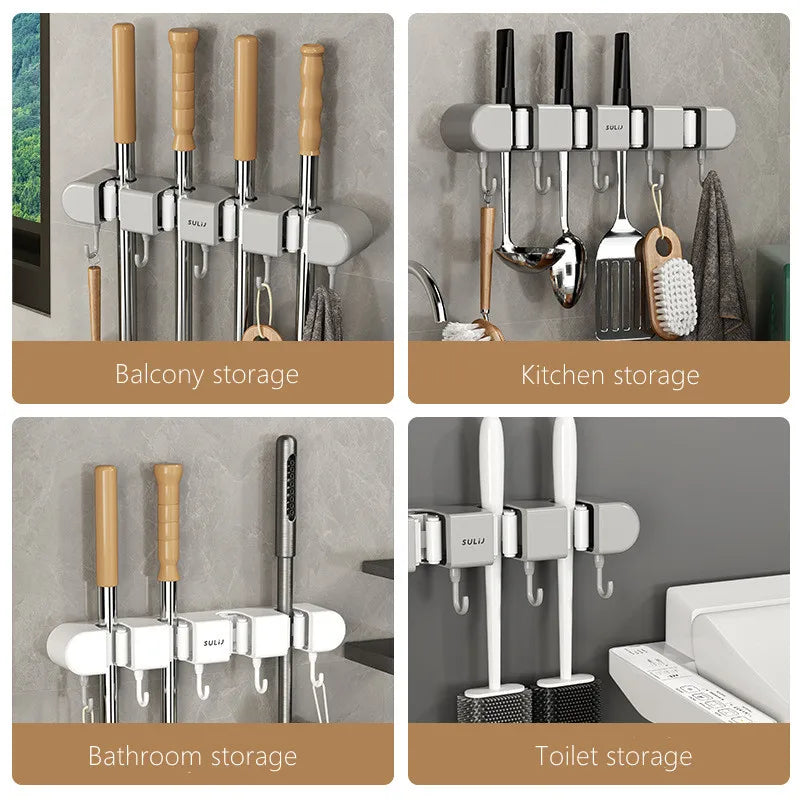 Wall mounted broom holders for balcony, kitchen, bathroom, and toilet storage