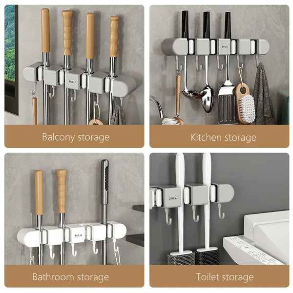 Wall mounted broom holders for balcony, kitchen, bathroom, and toilet storage
