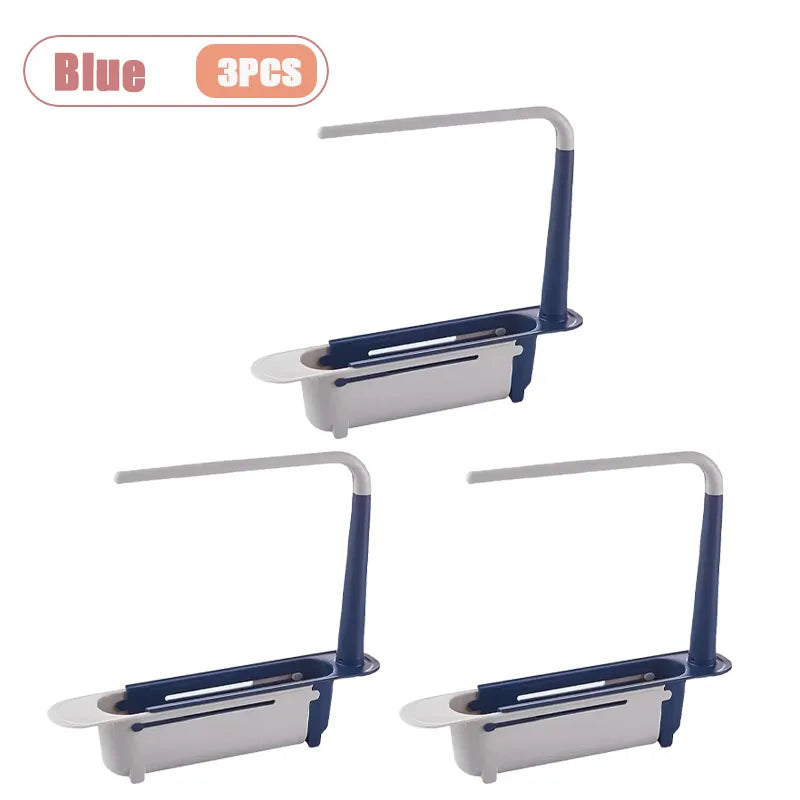Blue adjustable over-sink dish rack organizer with three pieces