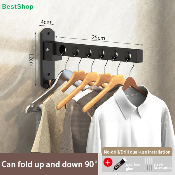 Black wall-mounted double-use clothes drying rack with hangers and non-drill installation