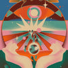 Abstract futurism canvas wall art print featuring an eye motif surrounded by colorful geometric shapes and stylized hands.