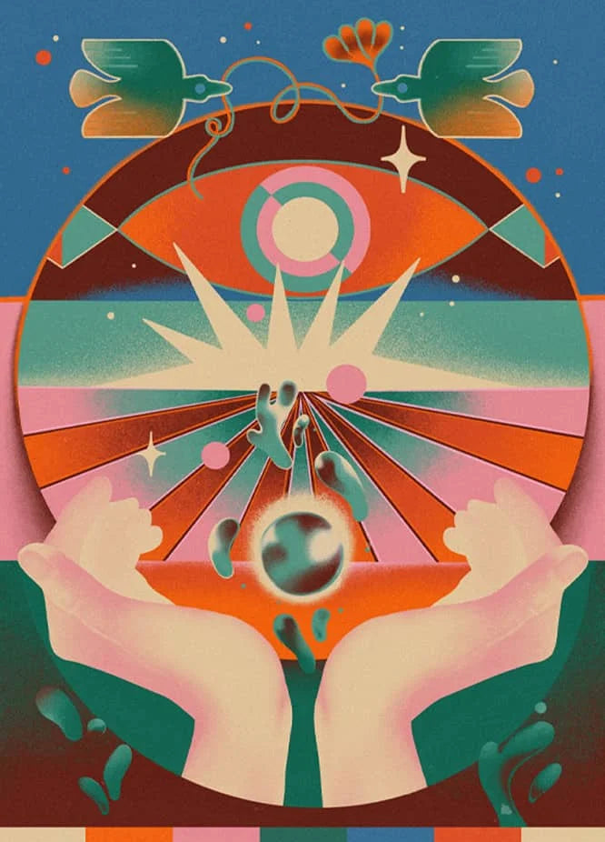Abstract futurism canvas wall art print featuring an eye motif surrounded by colorful geometric shapes and stylized hands.
