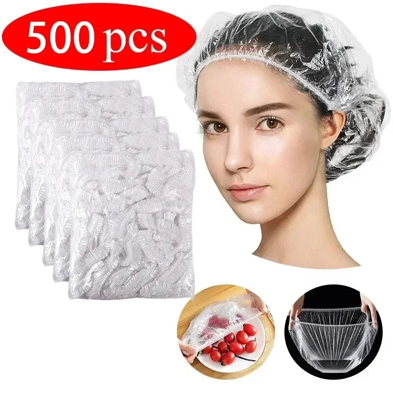 A woman wearing a clear reusable disposable shower cap for hair protection, shown alongside packaged product and usage demons